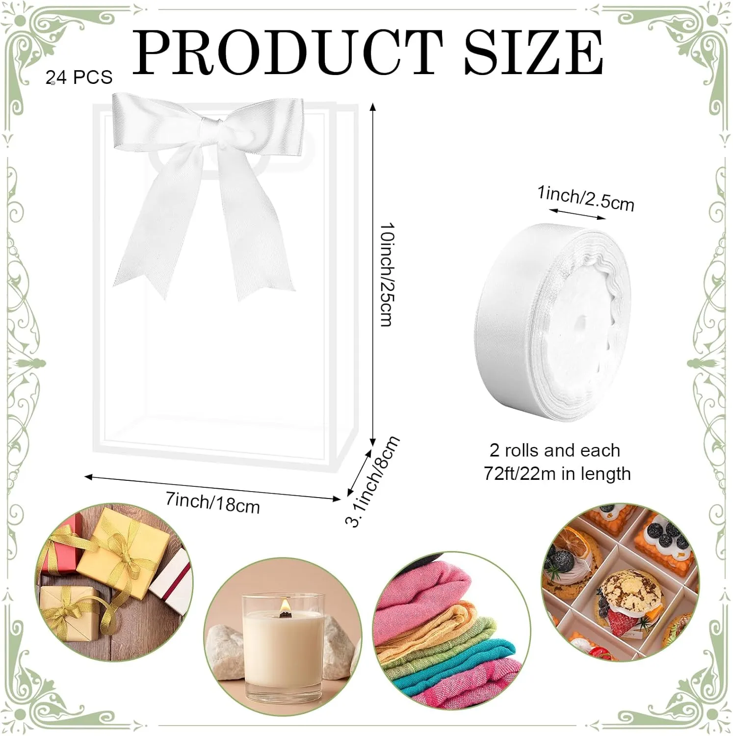 Youdaju 24 Pcs Clear Plastic Gift Bag with Die Cut Handles Reusable Bag Transparent PVC Gift Bag Party Favor Bags with Ribbon for Wedding Bridal Party Baby Shower Birthday Christmas (7x10x3.1 White)