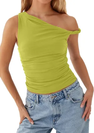 Ythomm Women One Shoulder Ruched Crop Tank Tops Casual Off The Shoulder Twist Strap Summer Tanks Tops Going Out Crop Shirts