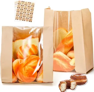ZENFUN 100 Pack Paper Bread Bags with Stickers, Paper Bakery Bags with Clear Window, Kraft Food Packaging Storage Bakery Bag Packaging for Bread, Cookies, Donuts, 8.3 x 4 x 12.6 Inches