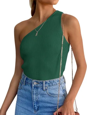 ZESICA Women's One Shoulder Tank Summer Sleeveless T Shirt Ribbed Knit Slim Fit Sexy Casual Basic Tee Tops