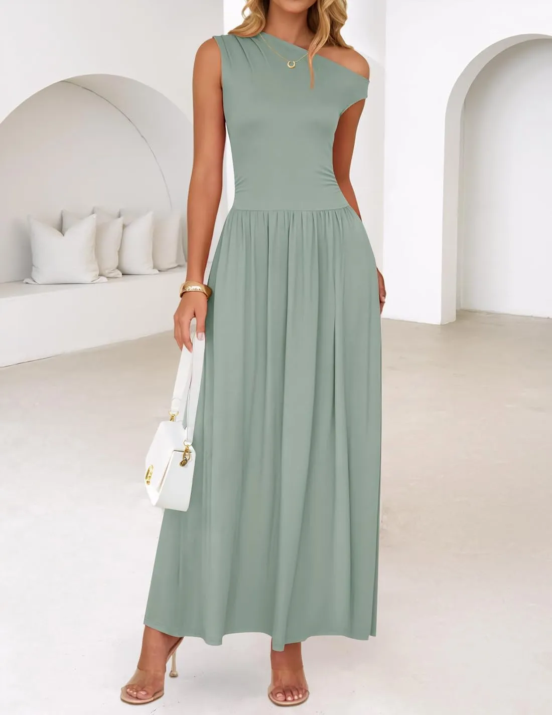 ZESICA Women's Summer 2025 Sleeveless Maxi Dress One Shoulder Casual Slim Swing Pleated Formal Dresses with Pockets