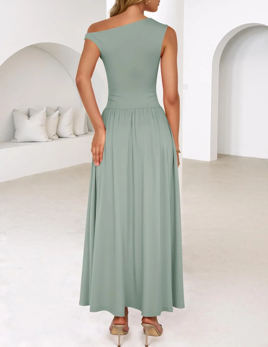 ZESICA Women's Summer 2025 Sleeveless Maxi Dress One Shoulder Casual Slim Swing Pleated Formal Dresses with Pockets