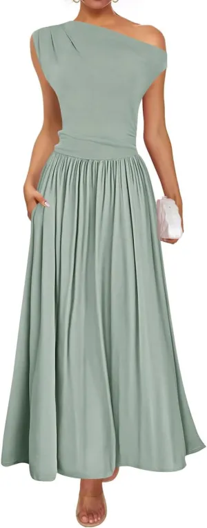 ZESICA Women's Summer 2025 Sleeveless Maxi Dress One Shoulder Casual Slim Swing Pleated Formal Dresses with Pockets