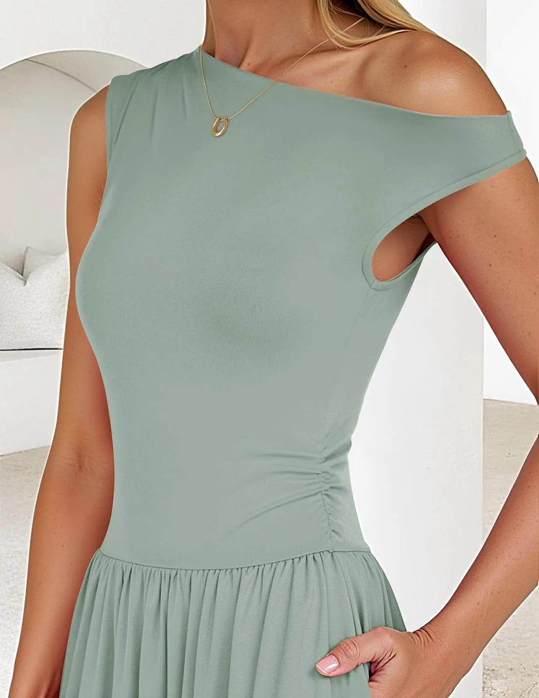 ZESICA Women's Summer 2025 Sleeveless Maxi Dress One Shoulder Casual Slim Swing Pleated Formal Dresses with Pockets