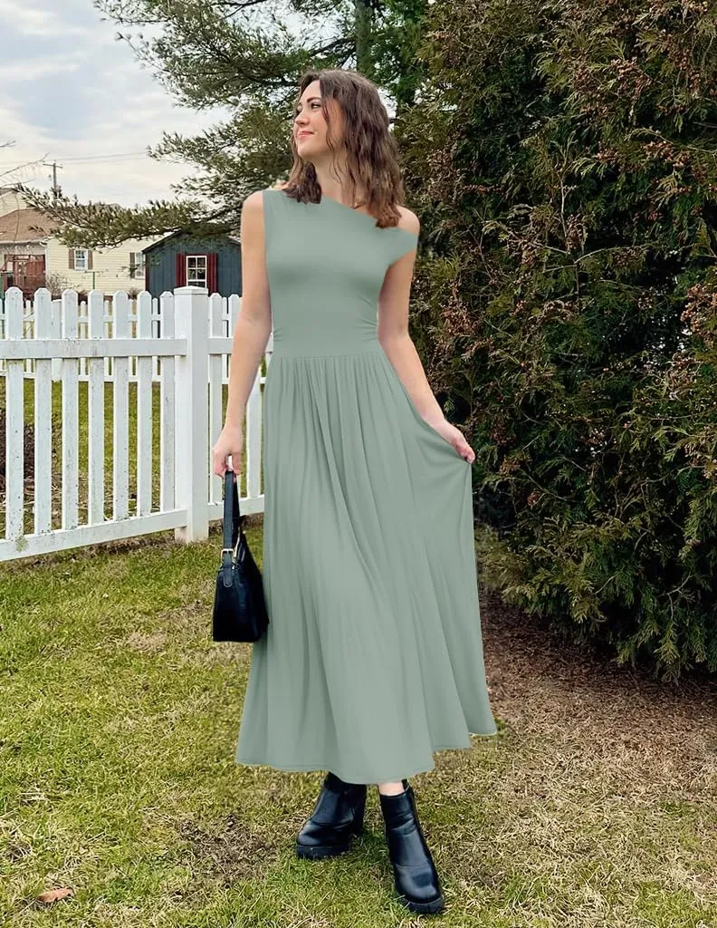 ZESICA Women's Summer 2025 Sleeveless Maxi Dress One Shoulder Casual Slim Swing Pleated Formal Dresses with Pockets