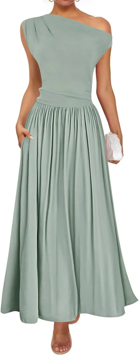 ZESICA Women's Summer 2025 Sleeveless Maxi Dress One Shoulder Casual Slim Swing Pleated Formal Dresses with Pockets