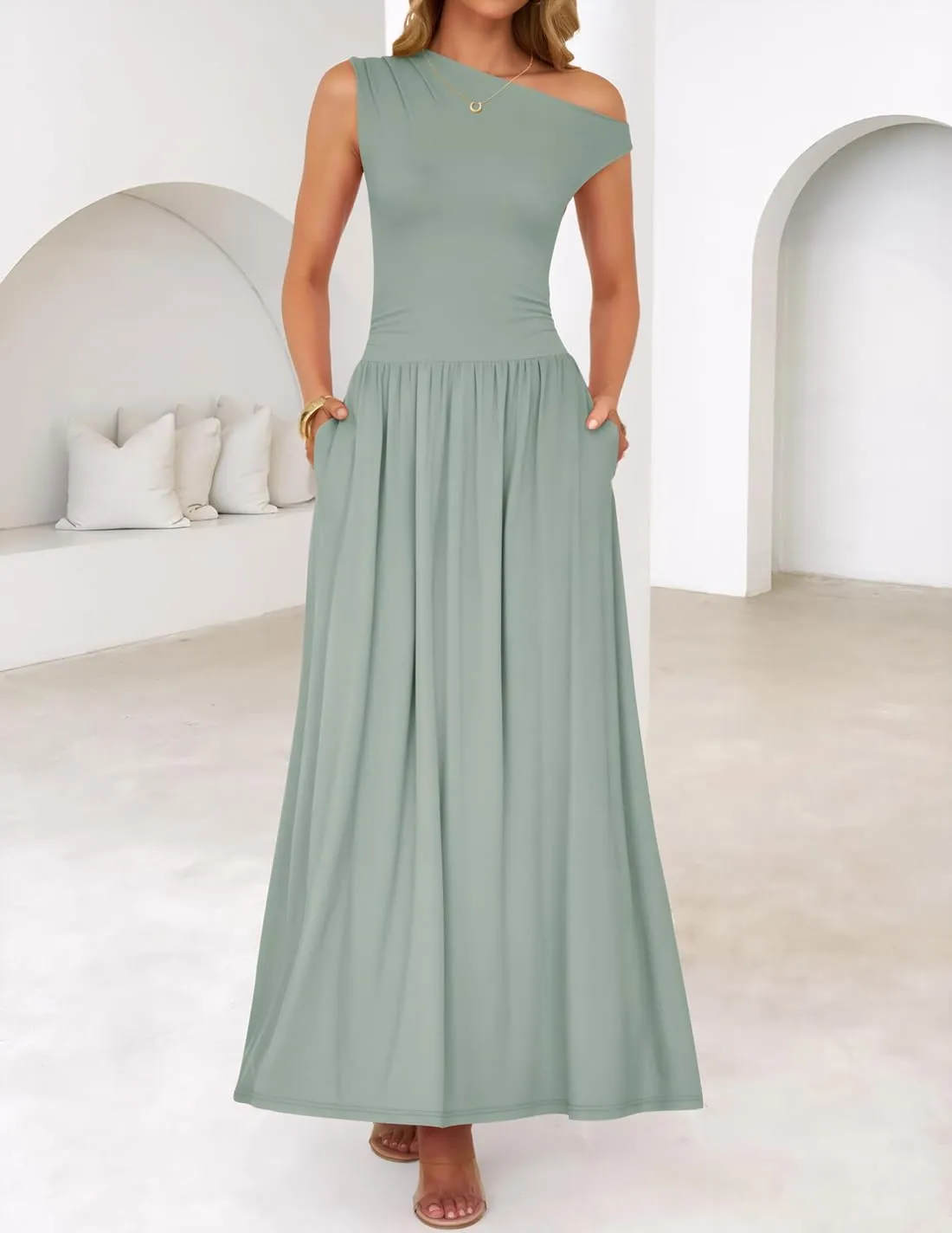 ZESICA Women's Summer 2025 Sleeveless Maxi Dress One Shoulder Casual Slim Swing Pleated Formal Dresses with Pockets