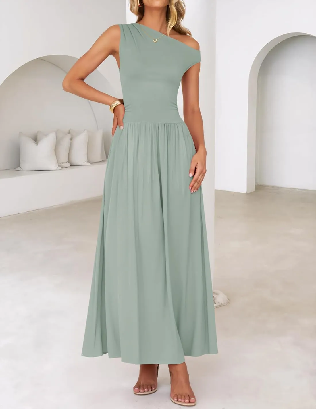 ZESICA Women's Summer 2025 Sleeveless Maxi Dress One Shoulder Casual Slim Swing Pleated Formal Dresses with Pockets
