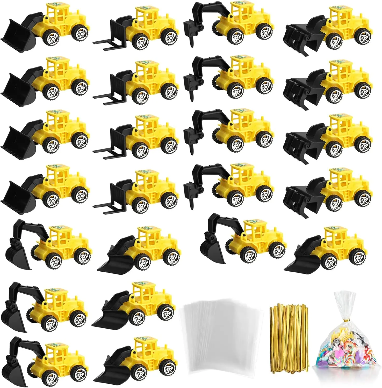 Zhanmai Mini Construction Trucks Set, 24 Pcs Small Construction Toys and Treat Bags with Twist Ties for Cake Birthday Party Favors