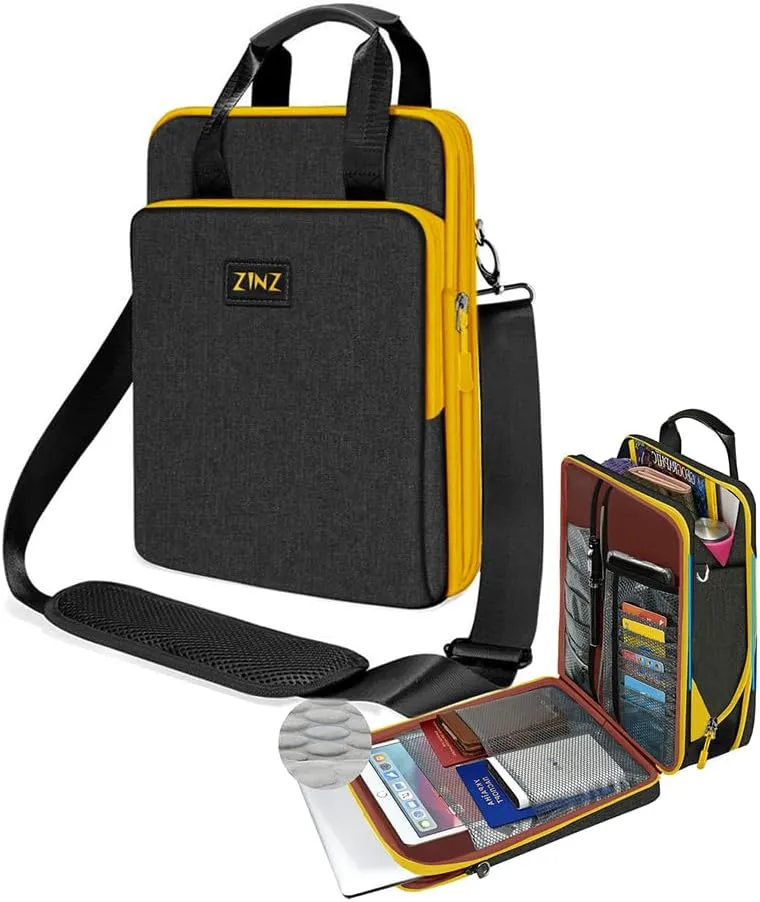 ZINZ 12.3-13 Inch Travel Laptop Shoulder Bag with Expandable Compartment and Valuables Compartment -Black-Yellow edge