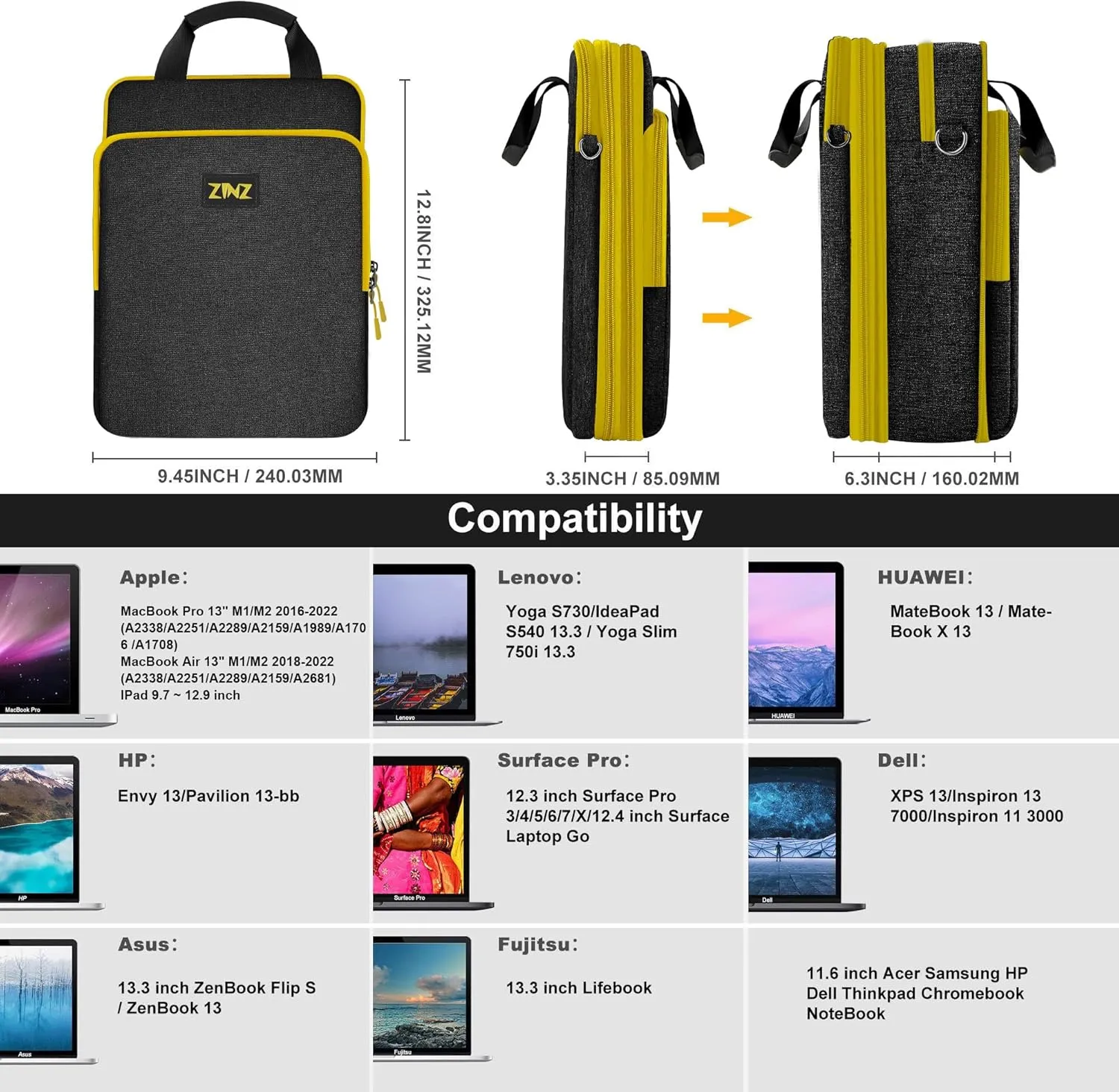ZINZ 12.3-13 Inch Travel Laptop Shoulder Bag with Expandable Compartment and Valuables Compartment -Black-Yellow edge