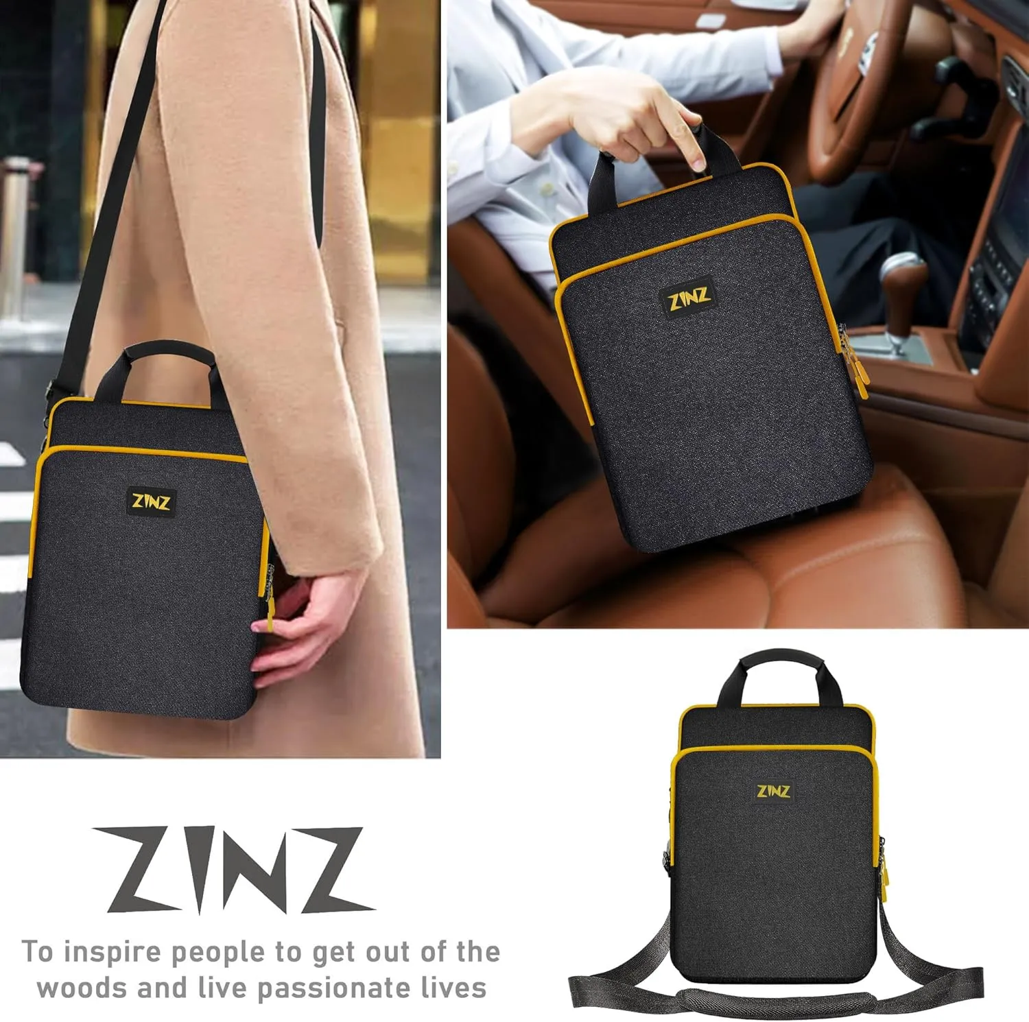ZINZ 12.3-13 Inch Travel Laptop Shoulder Bag with Expandable Compartment and Valuables Compartment -Black-Yellow edge