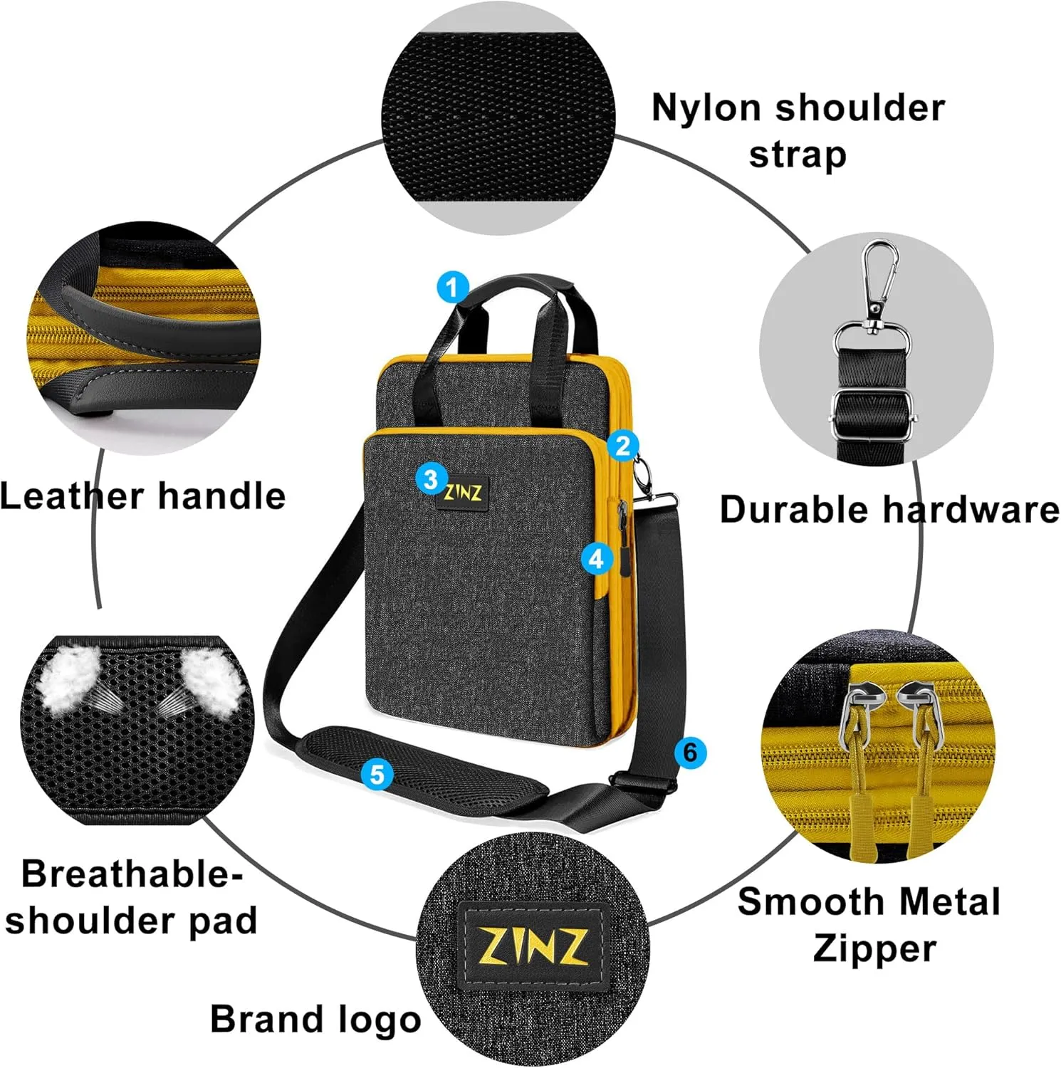 ZINZ 12.3-13 Inch Travel Laptop Shoulder Bag with Expandable Compartment and Valuables Compartment -Black-Yellow edge