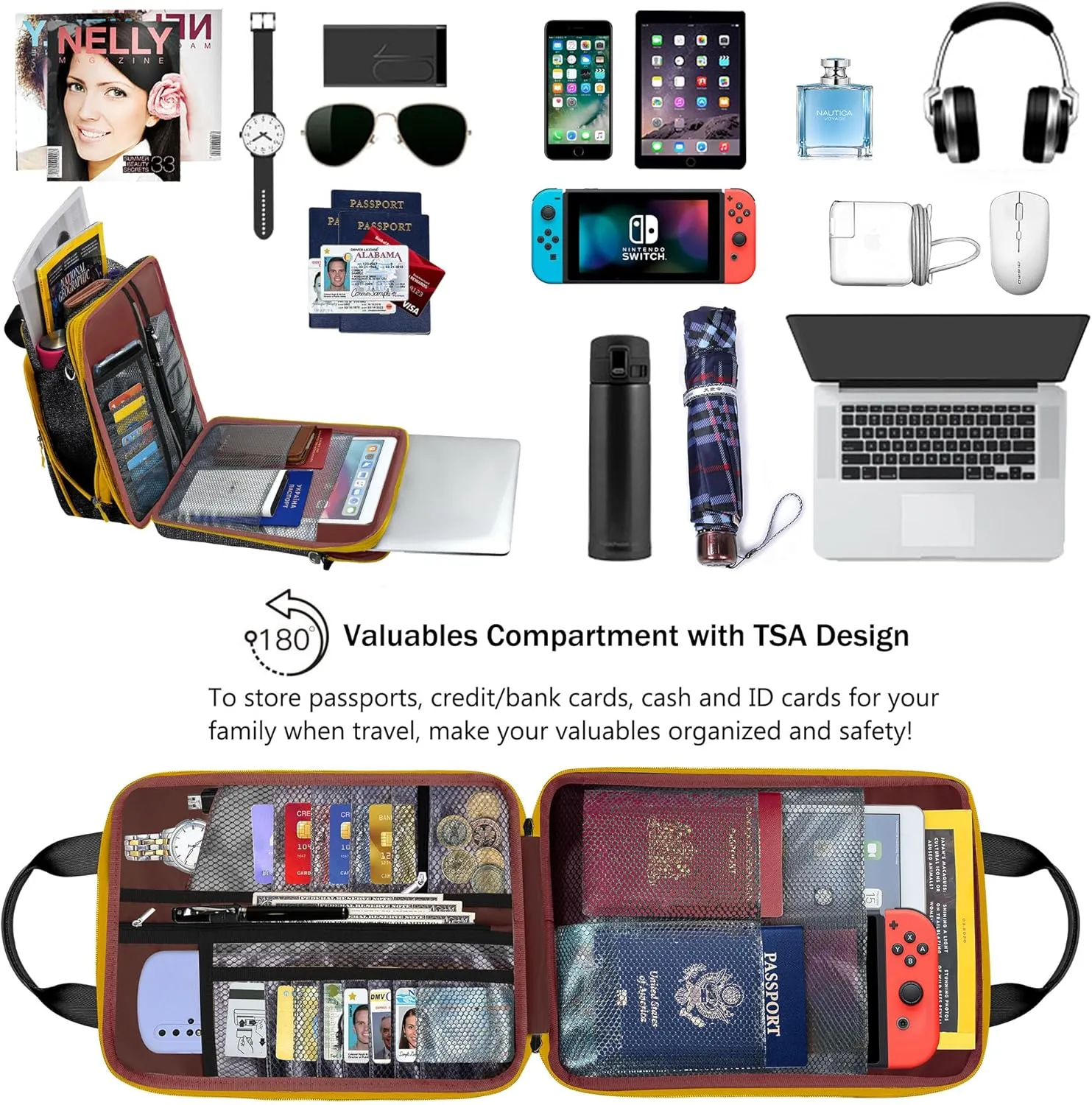 ZINZ 12.3-13 Inch Travel Laptop Shoulder Bag with Expandable Compartment and Valuables Compartment -Black-Yellow edge