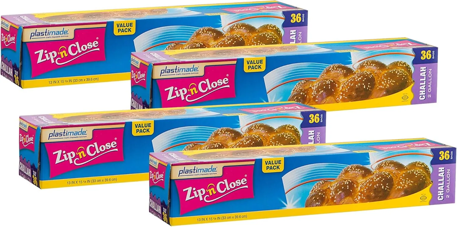 Zip'n'Close Disposable Plastic Resealable Storage Bags, 2 Gallon Size, 144 Bags, Great For Home, Office, Vacation, Traveling, Sandwich, Fruits, Nuts, Cookies, Or Any Storage Needs (4 Packs)