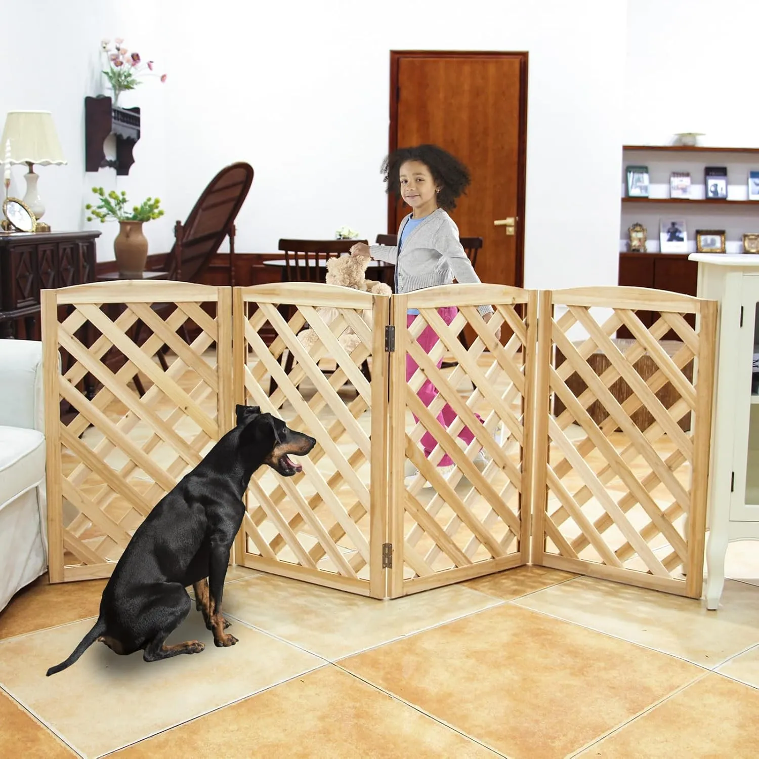 ​​ZJSF Foldable Indoor Dog Gate for House Freestanding Folding Dog Gates Indoor Wood Pet Gates Dog Fence for Stairs Puppy Gates for Hallways Natural 32 "Height-4 Panels