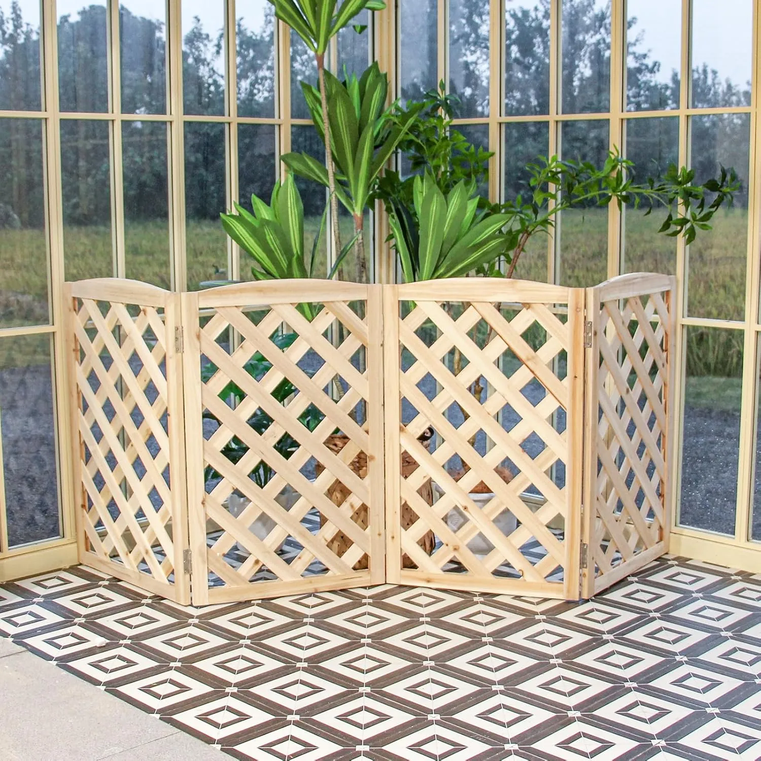​​ZJSF Foldable Indoor Dog Gate for House Freestanding Folding Dog Gates Indoor Wood Pet Gates Dog Fence for Stairs Puppy Gates for Hallways Natural 32 "Height-4 Panels