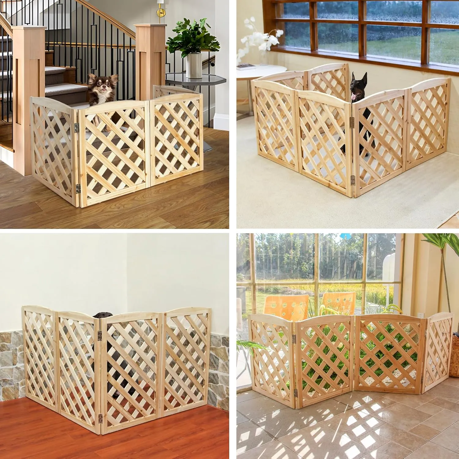 ​​ZJSF Foldable Indoor Dog Gate for House Freestanding Folding Dog Gates Indoor Wood Pet Gates Dog Fence for Stairs Puppy Gates for Hallways Natural 32 "Height-4 Panels