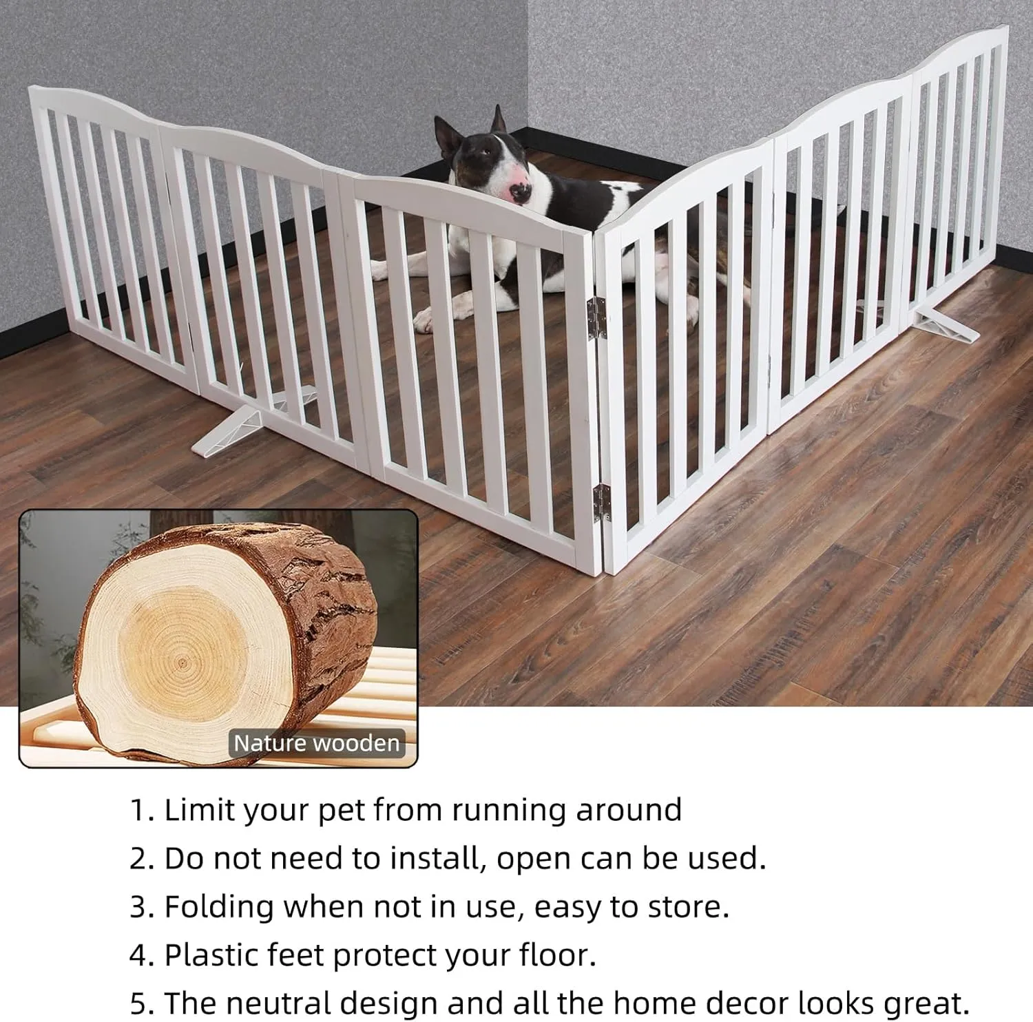 ZJSF Folding Freestanding Indoor Pet Gate for House, Wood, White Dog and Puppy Gates, Stair and Hallway Use, 24" Height-6 Panels, Support Feet Included