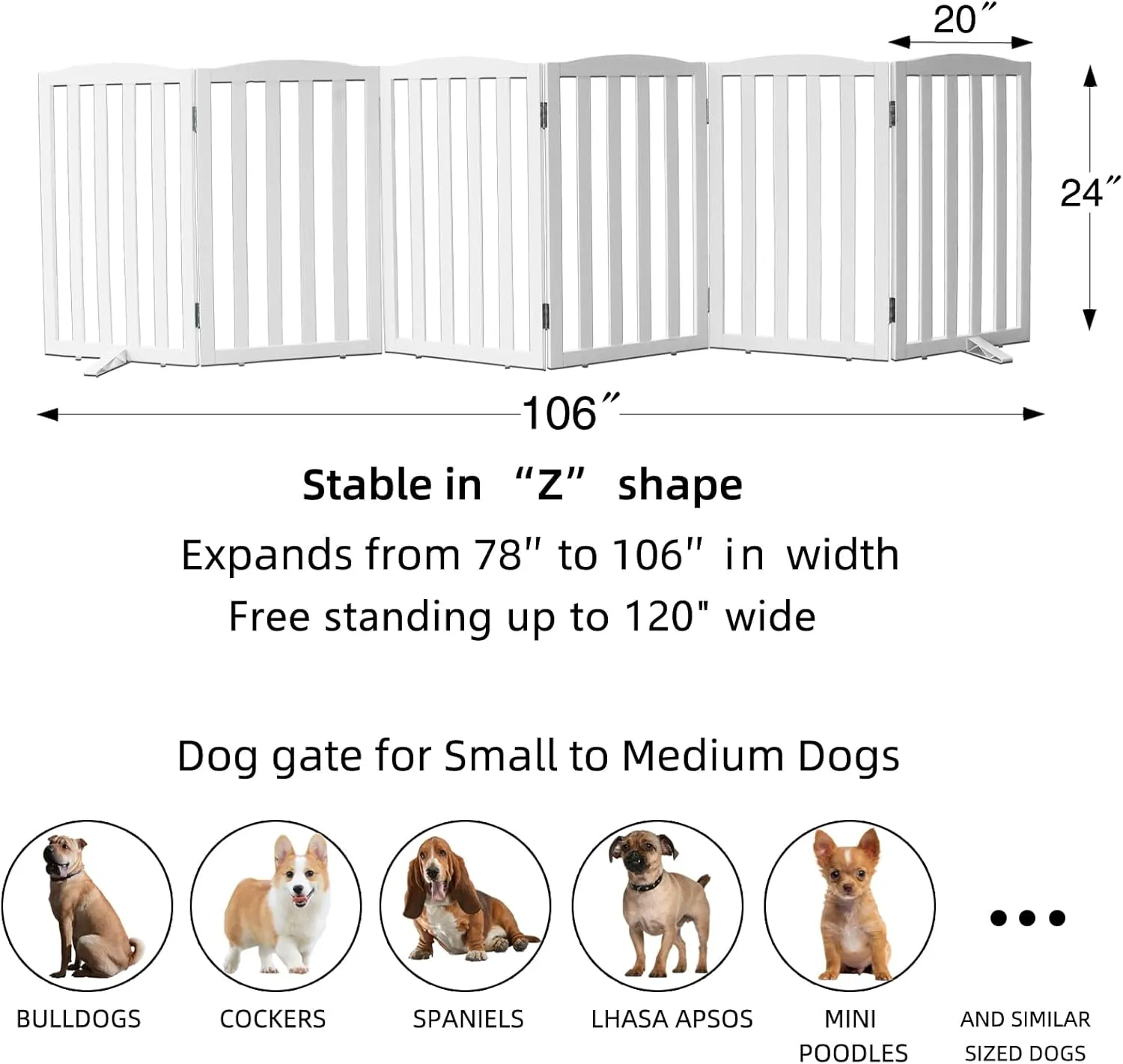 ZJSF Folding Freestanding Indoor Pet Gate for House, Wood, White Dog and Puppy Gates, Stair and Hallway Use, 24" Height-6 Panels, Support Feet Included