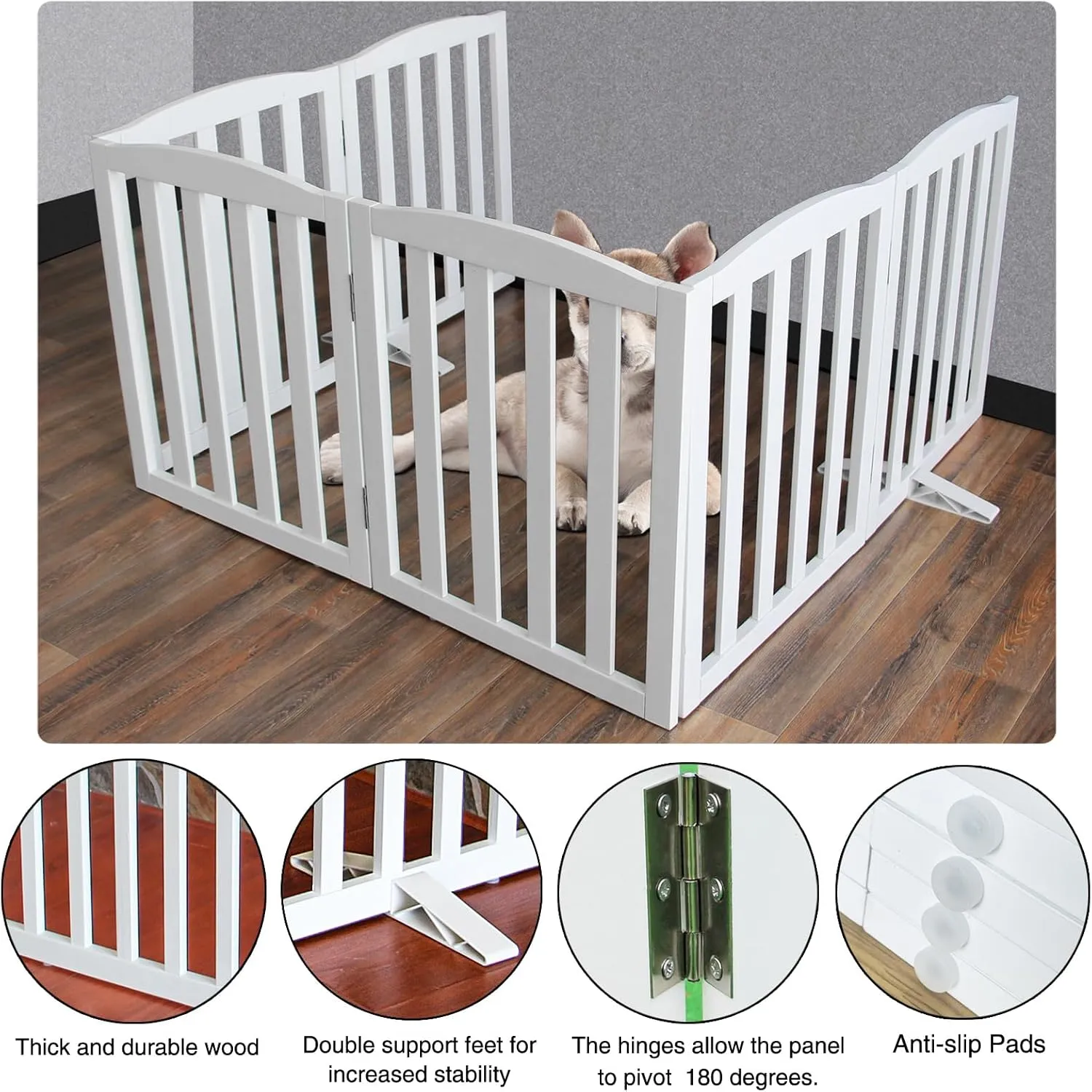 ZJSF Folding Freestanding Indoor Pet Gate for House, Wood, White Dog and Puppy Gates, Stair and Hallway Use, 24" Height-6 Panels, Support Feet Included