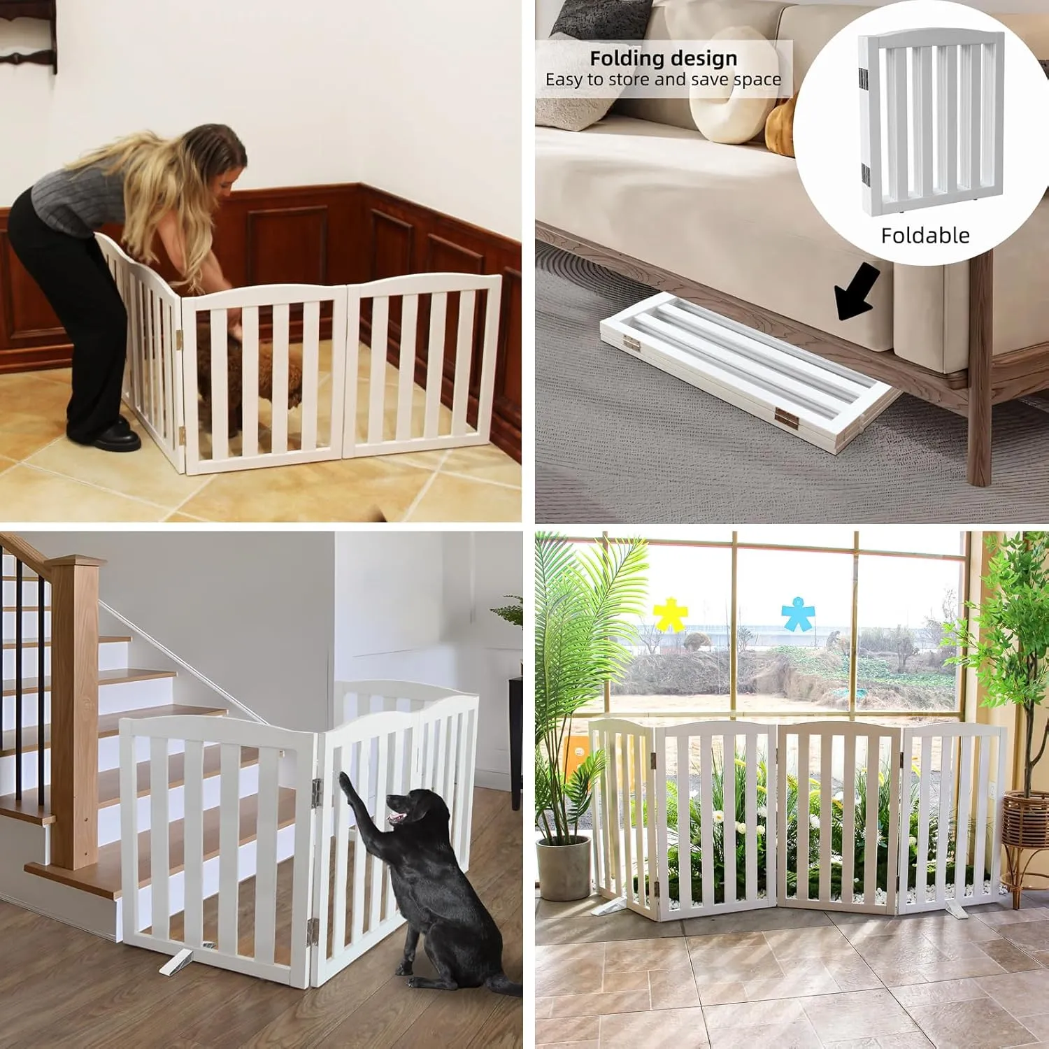 ZJSF Folding Freestanding Indoor Pet Gate for House, Wood, White Dog and Puppy Gates, Stair and Hallway Use, 24" Height-6 Panels, Support Feet Included