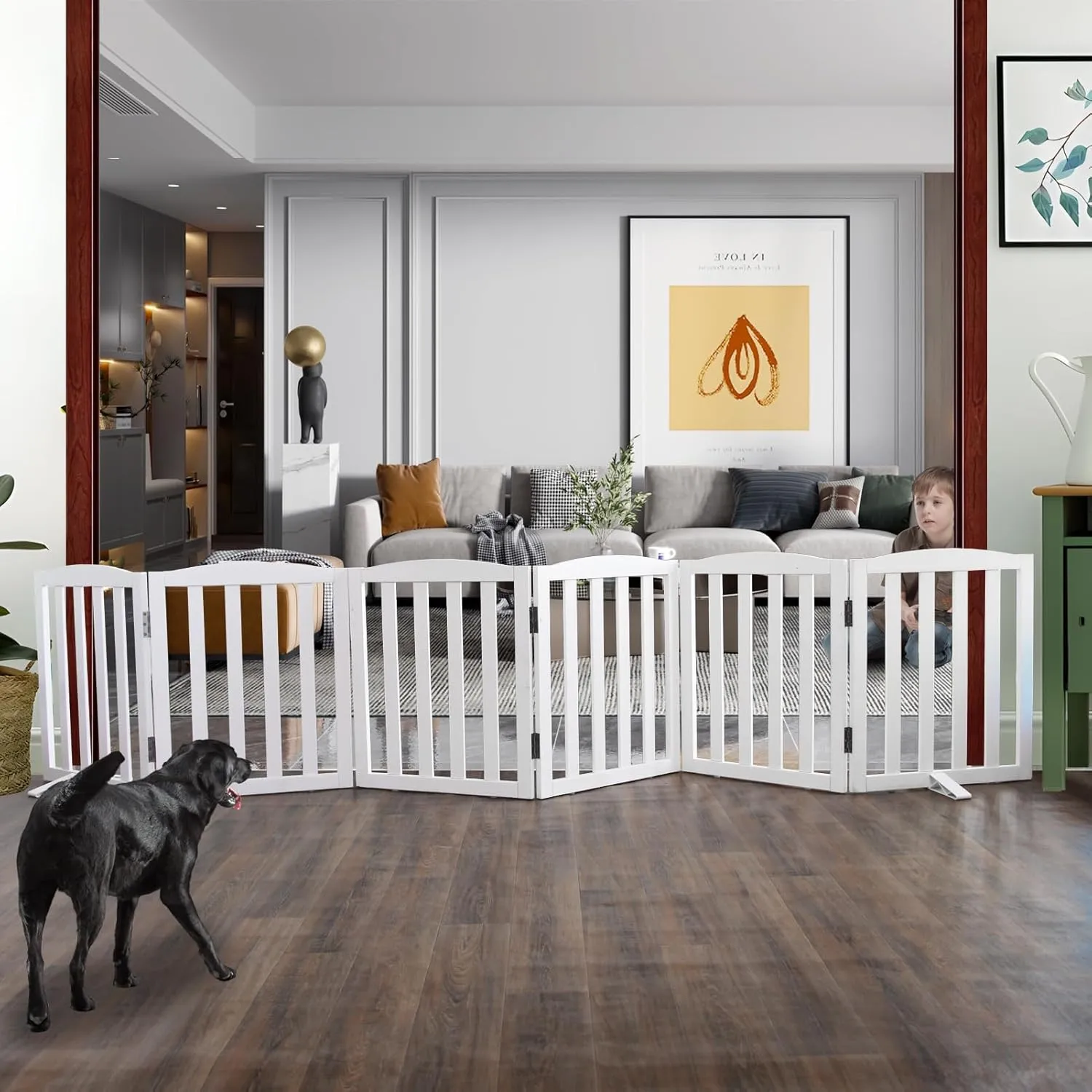 ZJSF Folding Freestanding Indoor Pet Gate for House, Wood, White Dog and Puppy Gates, Stair and Hallway Use, 24" Height-6 Panels, Support Feet Included