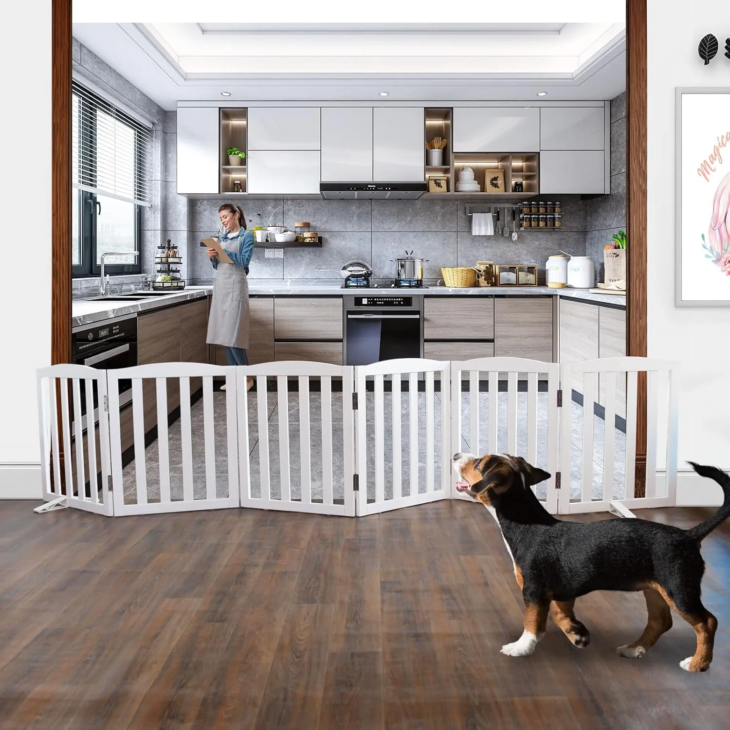 ZJSF Folding Freestanding Indoor Pet Gate for House, Wood, White Dog and Puppy Gates, Stair and Hallway Use, 24" Height-6 Panels, Support Feet Included