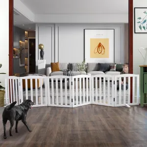 ZJSF Folding Freestanding Indoor Pet Gate for House, Wood, White Dog and Puppy Gates, Stair and Hallway Use, 24" Height-6 Panels, Support Feet Included