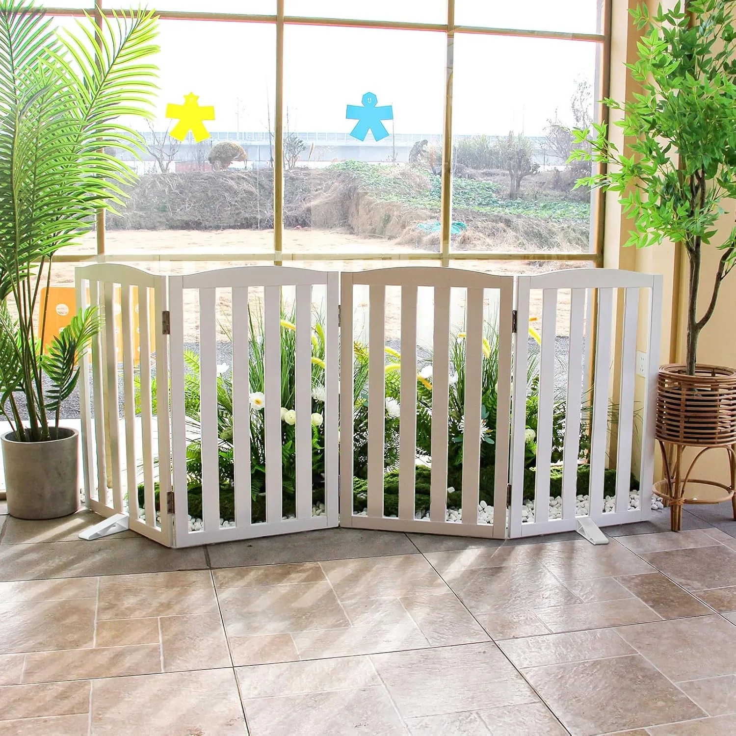 ZJSF Folding Freestanding Indoor Pet Gate for House, Wood, White Dog and Puppy Gates, Stair and Hallway Use, 24" Height-6 Panels, Support Feet Included