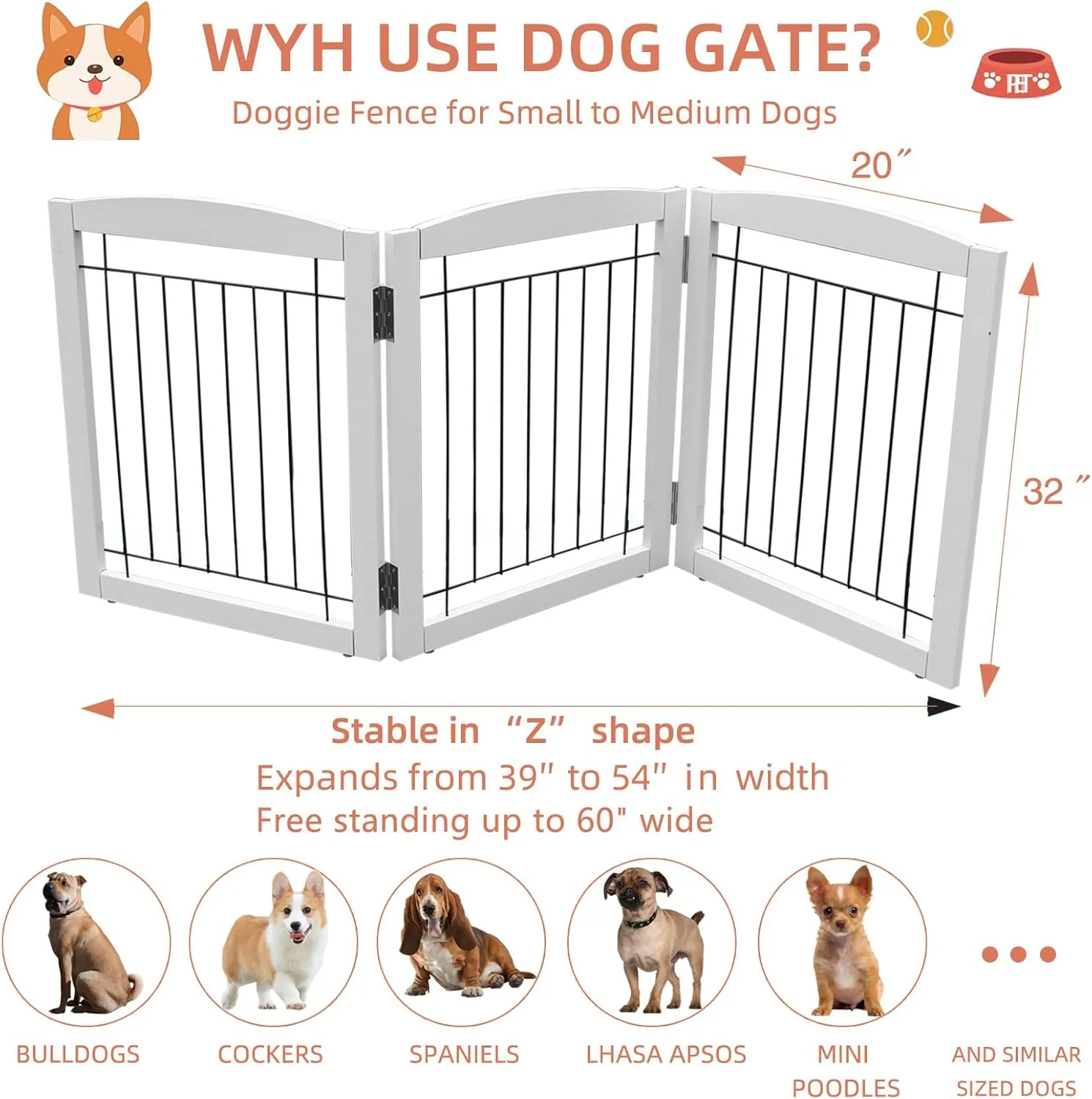 ZJSF Freestanding Foldable Dog Gate for House Extra Wide Wooden White Puppy Gate Stairs Dog Gates Doorways Tall Pet Gate 3 Panels Pet Fence