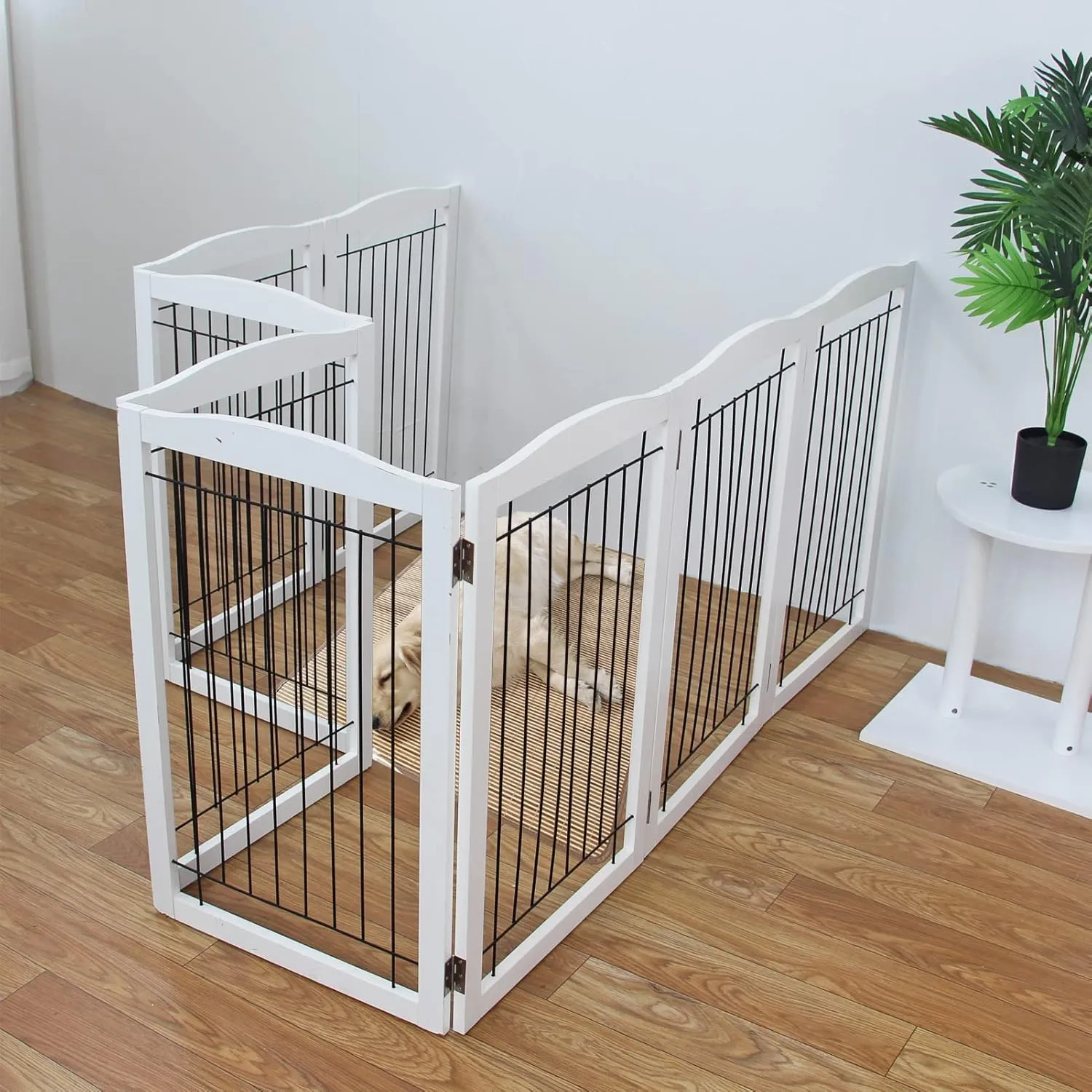 ZJSF Freestanding Foldable Dog Gate for House Extra Wide Wooden White Puppy Gate Stairs Dog Gates Doorways Tall Pet Gate 3 Panels Pet Fence
