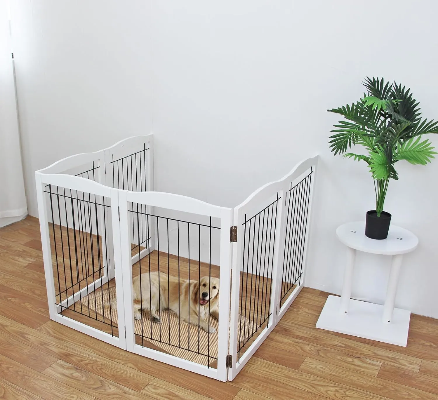ZJSF Freestanding Foldable Dog Gate for House Extra Wide Wooden White Puppy Gate Stairs Dog Gates Doorways Tall Pet Gate 3 Panels Pet Fence