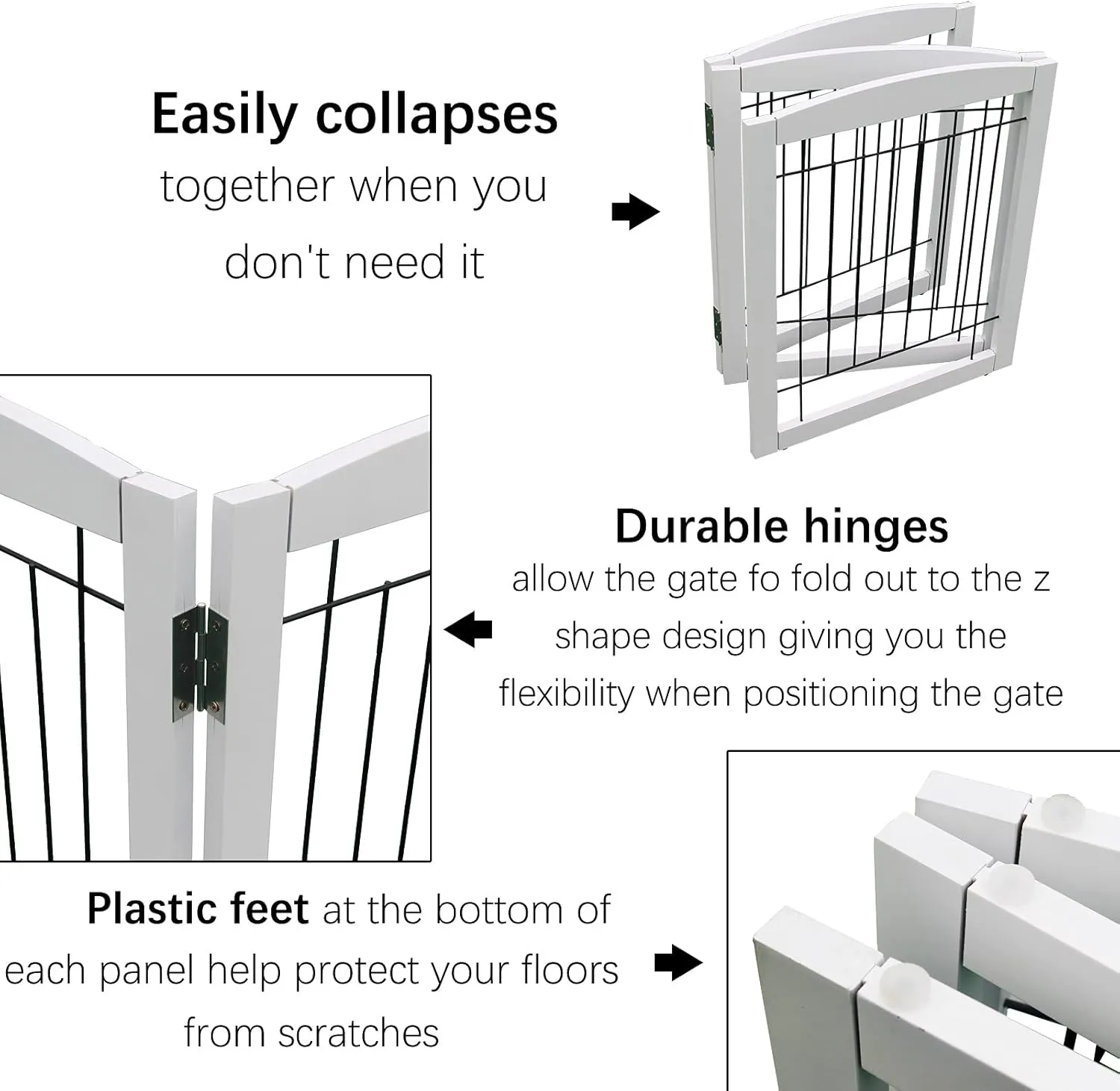 ZJSF Freestanding Foldable Dog Gate for House Extra Wide Wooden White Puppy Gate Stairs Dog Gates Doorways Tall Pet Gate 3 Panels Pet Fence