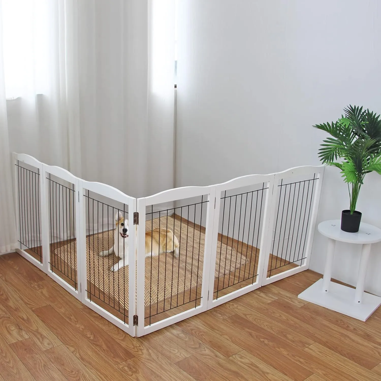 ZJSF Freestanding Foldable Dog Gate for House Extra Wide Wooden White Puppy Gate Stairs Dog Gates Doorways Tall Pet Gate 3 Panels Pet Fence