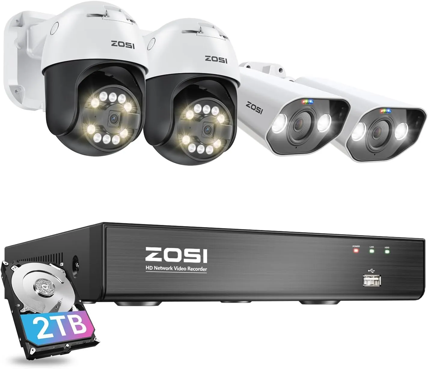 ZOSI 4K PoE Security Camera System with AI Face Person Vehicle Detection, 8CH NVR (16CH Expandable) with 4 x 5MP 3K Outdoor PT Bullet Cameras, 2-Way Talk, 5X Digital Zoom, 2TB HDD for 24/7 Recording