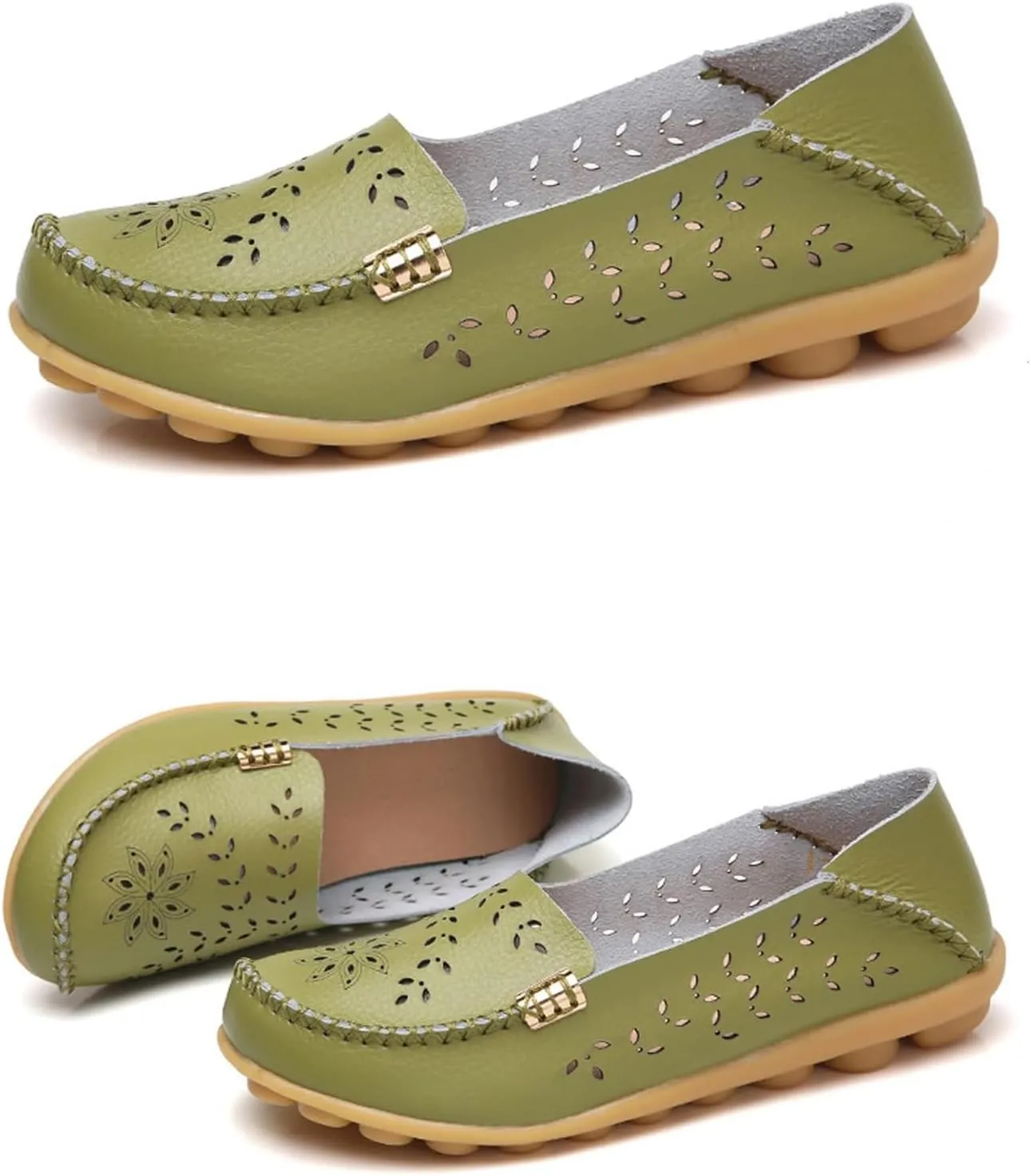 ZWRXW Leather Flats for Women Bohemian Hollow Out Comfort Walking Boat Shoe Summer Dressy Comfortable Breathable Flats Shoes Backless Round Toe Slip On Casual Sneakers Soft Nursing Work Shoes