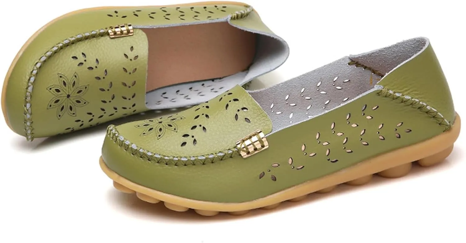 ZWRXW Leather Flats for Women Bohemian Hollow Out Comfort Walking Boat Shoe Summer Dressy Comfortable Breathable Flats Shoes Backless Round Toe Slip On Casual Sneakers Soft Nursing Work Shoes